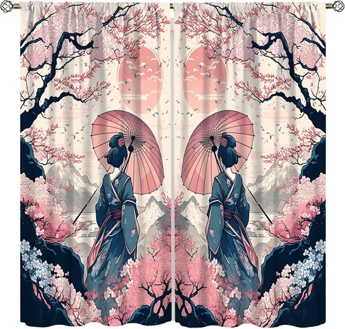 Vista 14 de Cortinas de geisha japonesas, flores rosas, ramas de árbol, sexy, glamour, para mujer, encantador, estética, oriental, con bolsillo para barra