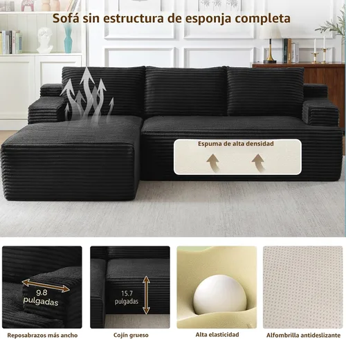 Vista 7 de Sofá seccional Cloud de 96 pulgadas, sofá deshuesado para sala de estar, sofá modular con asiento profundo, sofá de pana cómodo y esponjoso con Negro