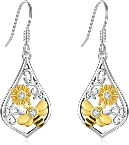 Vista 171 de Aretes colgantes de plata de ley con diseño de árbol de la vida, flor, abeja, animales, gato, colibrí, piedra lunar, turquesa, aretes con cierre