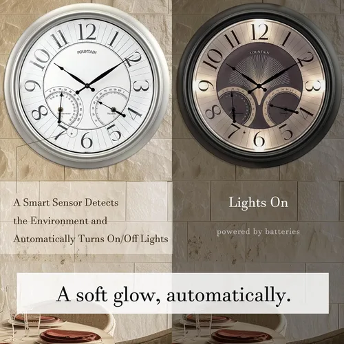 Vista 2 de Reloj iluminado para interiores y exteriores de 18 pulgadas con sensor inteligente y luz nocturna, impermeable, reloj de pared grande con termómetro