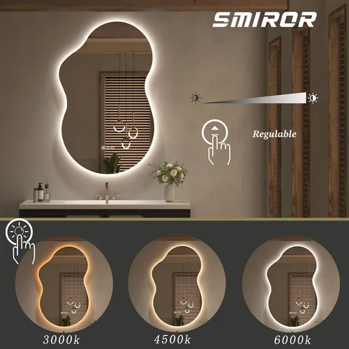 Vista 5 de SMIROR Espejo de Baño Retroiluminado Irregular con Luces 20 x 32, Espejo de Tocador con Luz LED Asimétrica en Forma de Nube para Pared