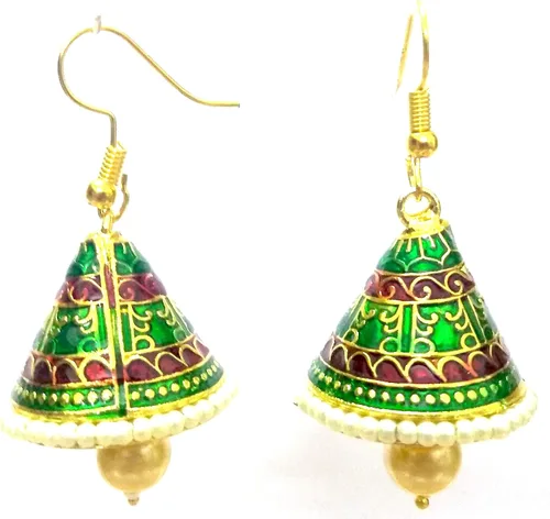 Vista 2 de DESI HAWKER Meenakari Minakari esmalte pintura oro hecho a mano pendiente Bali Jhumki Jhumka joyería étnica gota cuelga lámpara NI-273