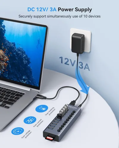 Vista 4 de Hub USB 3.0 alimentado, Wenter 10 puertos 36 W alimentado USB Hub, divisor USB de aluminio con interruptores individuales de encendido/apagado