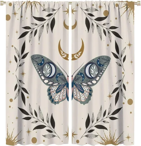 Vista 22 de Cortinas de mariposa de fantasía, polilla, sol, luna, estrella, arte floral, estampado floral, bolsillo para barra, cortinas opacas para ventana