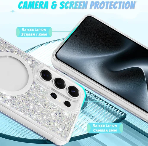 Vista 725 de Bonoma - Funda compatible con Samsung Galaxy S21 Plus, diseño de corazón con purpurina, color rosa Support for MagSafe, Plating Magnetic Case TPU