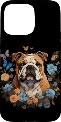 Vista 31 de Funda para iPhone 16 Bulldog Inglés con Flores y Mariposas
