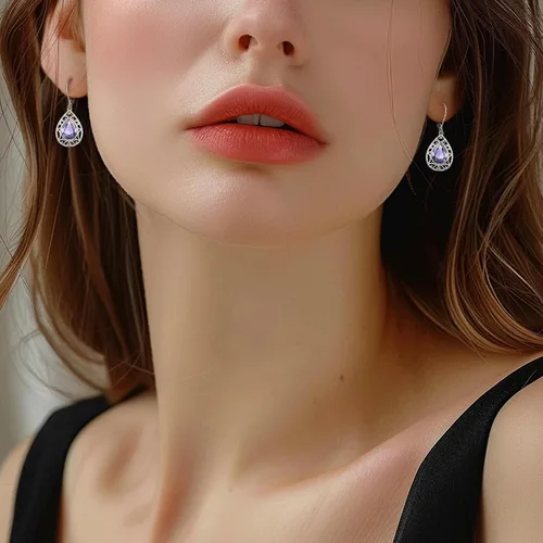 Vista 330 de Aretes colgantes de plata de ley con diseño de árbol de la vida, flor, abeja, animales, gato, colibrí, piedra lunar, turquesa, aretes con cierre