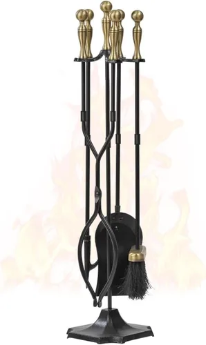 Vista 9 de Juego de herramientas para chimenea de AMAGABELI GARDEN & HOME, 5 piezas, mango dorado, de hierro forjado, con soporte, incluye pinzas, pala