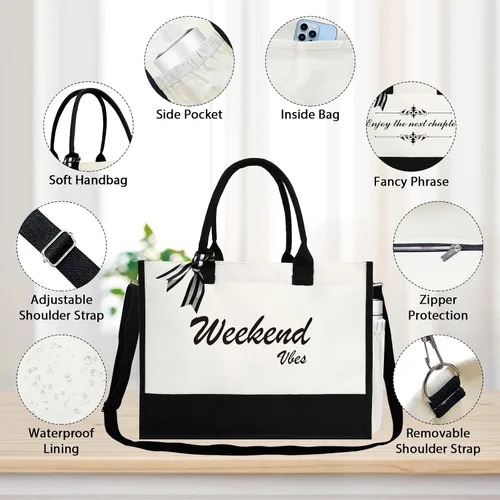 Vista 2 de Phrase Canvas Beach Bag,Zipper and Slide Pockets,Stylish Canvas Bag Shoulder Strap and Bottom Support, Office Handbag