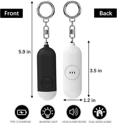 Vista 5 de Luz estroboscópica de alarma de seguridad personal, paquete de 2 llaveros de sirena con mosquetón para mujeres, niños escolares, corredores