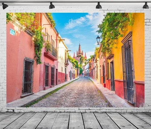 Vista 4 de BELECO Telón de fondo de tela medieval de 5 x 3 pies, casas coloridas de San Miguel de Allende, fondo de pueblo mexicano para cumpleaños, boda