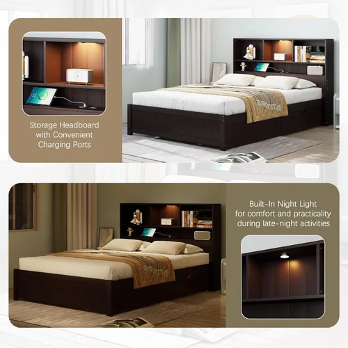 Vista 5 de MERITLINE Cama individual con cabecera de almacenamiento, cajones, estación de carga y luces LED, plataforma de madera con estantería