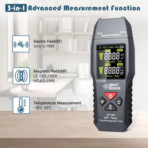 Vista 2 de Medidor EMF, probador de EMF LCD portátil, detector de radiación de campo electromagnético digital para el hogar, oficina, automóvil, vehículo