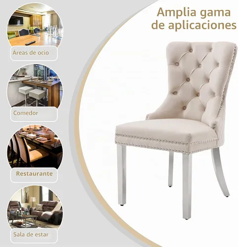 Vista 7 de KCC Juego de 2 sillas de comedor de terciopelo, sillas modernas copetudas Patas de acero inoxidable beige++ plata