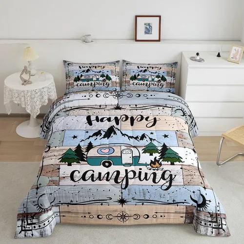Vista 23 de Erosebridal Juego de edredón de cabaña de cabaña, juego de ropa de cama individual para niños, edredón de campamento con temática de campamento