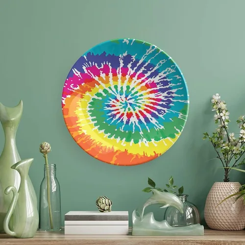 Vista 5 de XISUNYA Plato decorativo de 6 pulgadas, plato de porcelana arcoíris, teñido anudado grunge Ikat, patrón psicodélico, placa de exhibición hecha a