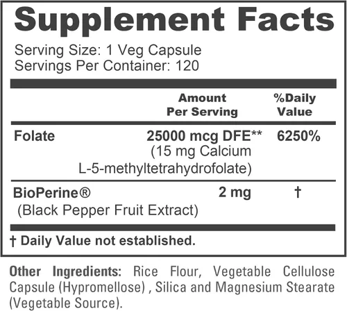 Vista 4 de NusaPure L Metilfolato 15 mg, 120 cápsulas vegetales, bioperina y vegano