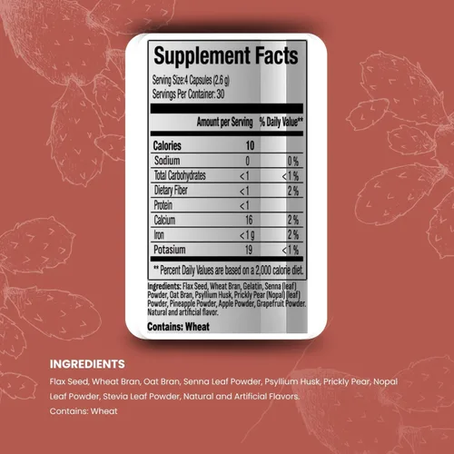 Vista 8 de Nopalina Fórmula de fibra 120 cápsulas Semilla de lino, psyllium, avena y salvado de trigo, Omega 3, 6 y 9 Salud intestinal y regularidad