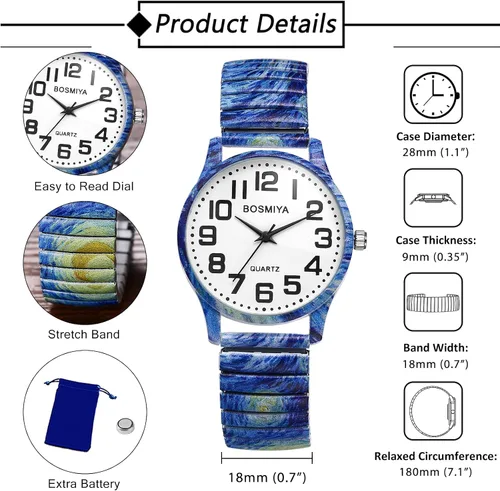 Vista 6 de Avaner Relojes de pulsera elásticos para mujer: correa elástica impresa con gran número, analógico, cuarzo, fácil de leer, pulsera de pulsera