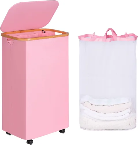 Vista 8 de iEGrow - Cesta de lavandería delgada de 65L, cesta de lavandería estrecha con tapa, cesta de ropa plegable con asas de bambú, cesta de lavandería