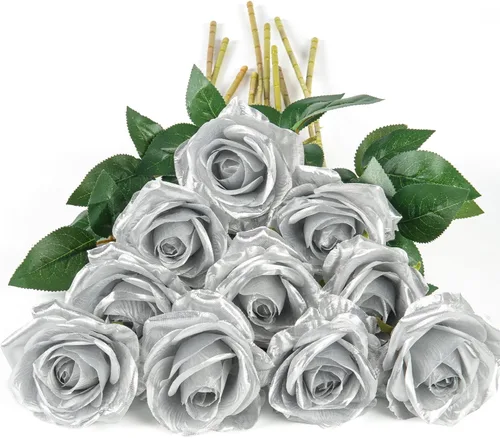 Vista 29 de DuHouse 10 rosas falsas de seda artificial, color morado otoñal Púrpura Otoño