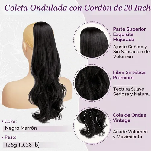 Vista 2 de BARSDAR Extensión de cola de caballo con cordón ondulado negro y marrón – 20 pulgadas con clip de cordón para mujer, extensiones de cabello Negro