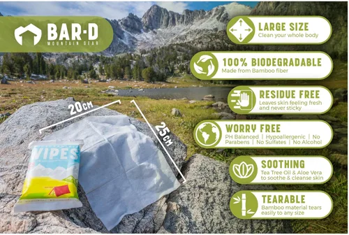 Vista 6 de Bar-D Toallitas corporales biodegradables con aceite de árbol de té y aloe vera, toallitas de ducha refrescantes ideales para camping, senderismo