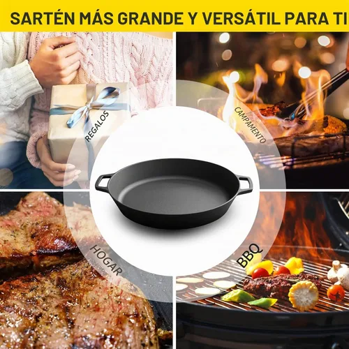 Vista 7 de EDGING CASTING Sartén grande de hierro fundido pre-sazonada de 17 pulgadas, sartén de freír de doble mango para acampar al aire libre, sartén
