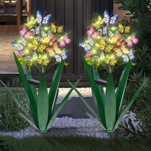 Vista 12 de Homight Escultura Solar de Metal Agave Mariposa Flor en Palo para Jardín - Regalo al Aire Libre, Luces de Navidad - Luces de Jardín de Mariposas