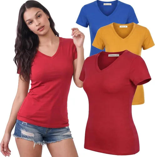 Vista 162 de Emmalise Camiseta de manga corta para mujer, cuello en V, tallas junior y plus