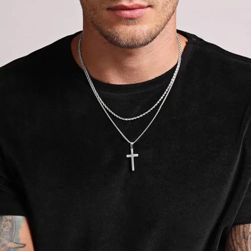 Vista 2 de Ursteel Cross Necklace for Men, Stainless Steel Silver Black Gold Layered Rope Chain Cross Pendant Necklace Simple Jewelry Gifts Chain Necklace for