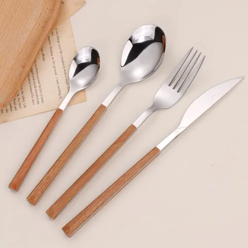 Vista 5 de Juego de cubiertos de madera de 32 piezas para 6 personas con mango de madera de imitación de madera de acero inoxidable para boda, hogar, cocina