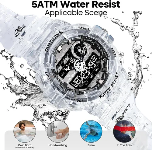 Vista 5 de PINIDOUS Reloj deportivo digital para hombre, reloj deportivo dorado, resistente al agua, con 3 alarmas, cuenta atrás, cronómetro, digital