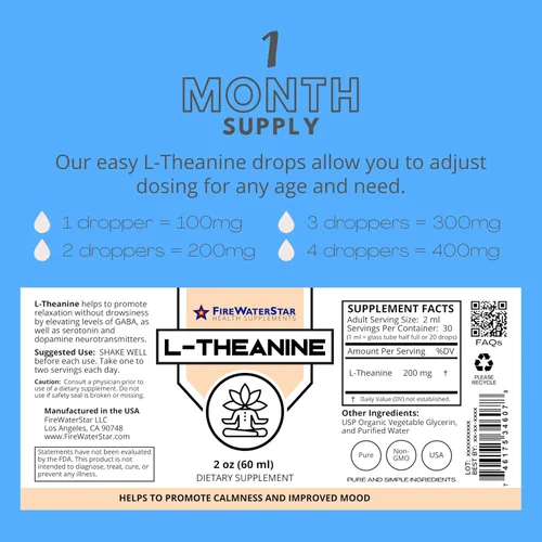 Vista 6 de FWS L Teanina gotas líquidas, 200 mg 99% pura L-teanina bioactiva, orgánica, natural, vegana, sin OMG, ayuda a promover la calma, relajación