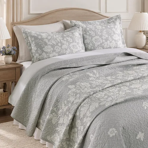 Vista 21 de Juego de edredón 100% algodón tamaño Queen de 3 piezas, edredón floral de damasco con 2 fundas, colcha acolchada floral vintage, ropa de cama ligera