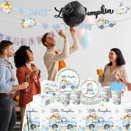 Vista 5 de Decoración de baby shower de calabaza, 142 piezas, una dulce pequeña calabaza está en camino, camión floral azul para niños, mantel desechable