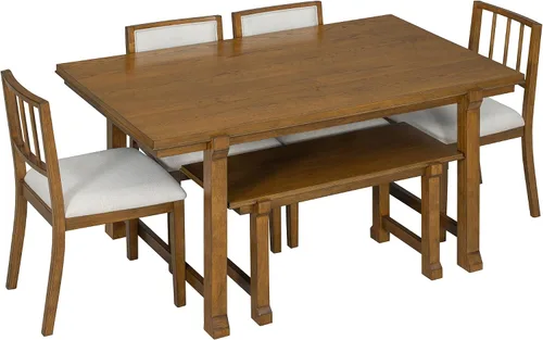 Vista 212 de Juego de mesa de comedor vintage de 6 piezas, juego de mesa de comedor de cocina de madera maciza con 4 sillas ergonómicas acolchadas y banco, mesa