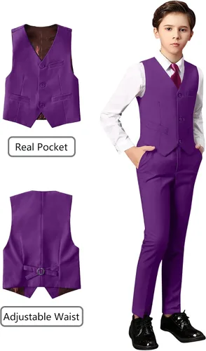Vista 3 de Traje para niños pequeños, esmoquin de ajuste delgado, traje de portador de anillo de boda para niños, Fucsia