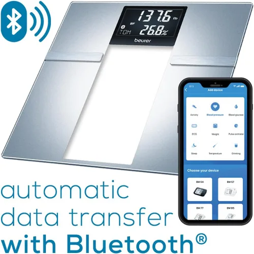 Vista 12 de Beurer Báscula inteligente BF720 para peso corporal, grasa corporal, agua corporal y más, capacidad de 400 libras, aplicación Bluetooth, datos