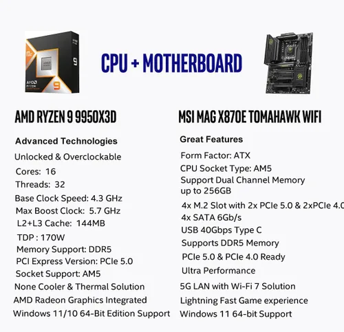 Vista 2 de Micro Center Procesador AMD 9950X3D con placa base MSI MAG X870E Tomahawk Combo de placa base CPU, listo para AI, Ryzen 9, AM5, DDR5, PCIe 5.0, M.2