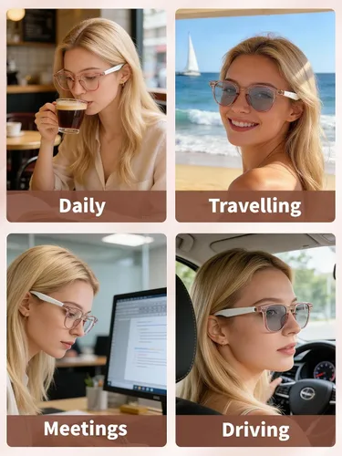 Vista 9 de Gafas Bluetooth para mujeres y hombres con Bluetooth 5.4, gafas de traducción con bloqueo de luz azul y lentes de cambio de color, asistente de voz