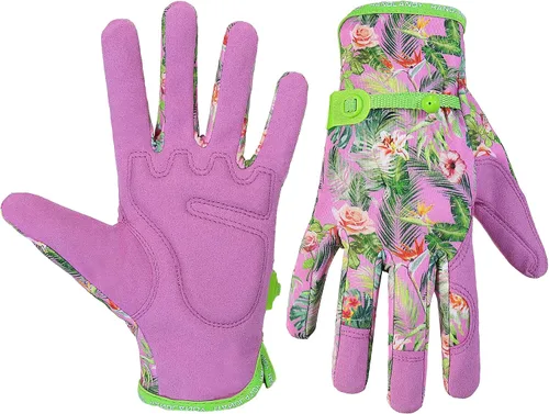 Vista 8 de HANDLANDY Guantes de trabajo para mujer, guantes de jardinería de cuero transpirable para mantenimiento de patio, protección de manos con pantalla