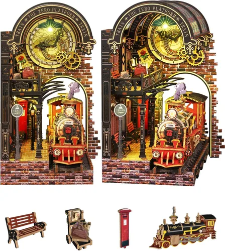 Vista 13 de Flever Kit en miniatura para rincón de libros para casa de muñecas, decoración de estantería de libros, kit en miniatura de madera 3D