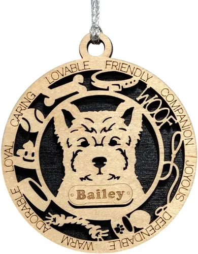 Vista 39 de Adorno de Navidad personalizado para perro Cavalier King Charles Spaniel, redondo de 3 pulgadas, madera cortada con láser de 2 capas, nombre y texto