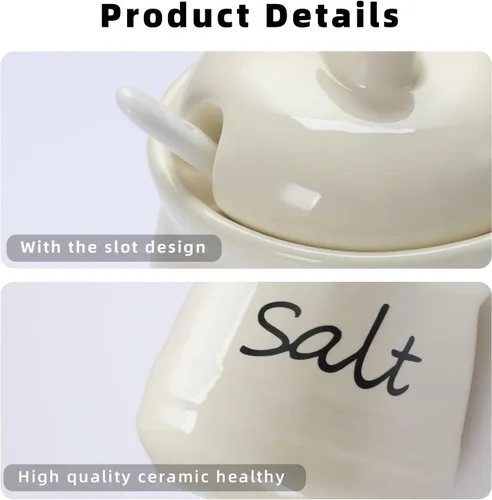Vista 7 de ONTUBE Tazón de sal de cerámica con tapa y cuchara 12oz (beige) Ceramic, 12 oz, lid & spoon, air-tight, keeps salt dry, easy-to-clean