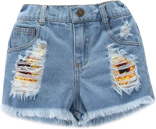 Vista 6 de Conjunto de 2 piezas de verano para niños pequeños con hombros descubiertos encaje floral con pantalones cortos rasgados pantalones de mezclilla