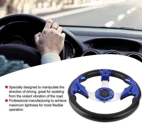 Vista 2 de Volante de 13 pulgadas, ajuste universal para autos deportivos y de deriva de cuero sintético, diseño de carreras azul, agarre y control mejorados