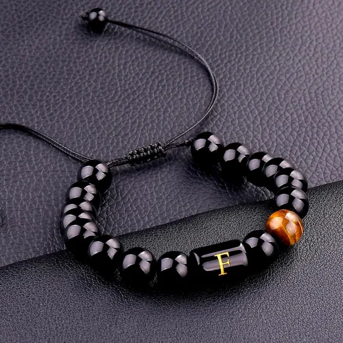 Vista 31 de SUMMER LOVE Regalos para el Día del Padre, pulsera con inicial de piedra de ónix negro de 0.394 pulgadas para hombres, pulsera de cuerda trenzada