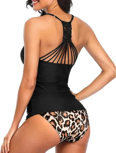 Vista 2 de Holipick Conjunto de tankini de dos piezas con control de abdomen para mujer, con cuello en V, tankini con parte inferior
