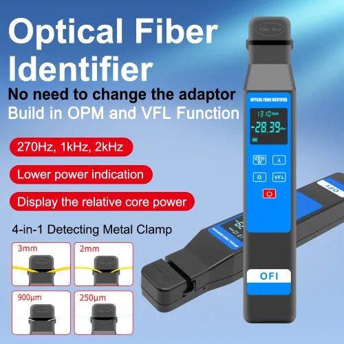 Vista 2 de Identificador de fibra óptica en vivo con respuesta de onda 800-1700nm, VFL incorporado y funciones de medidor de potencia óptica OPM, herramienta